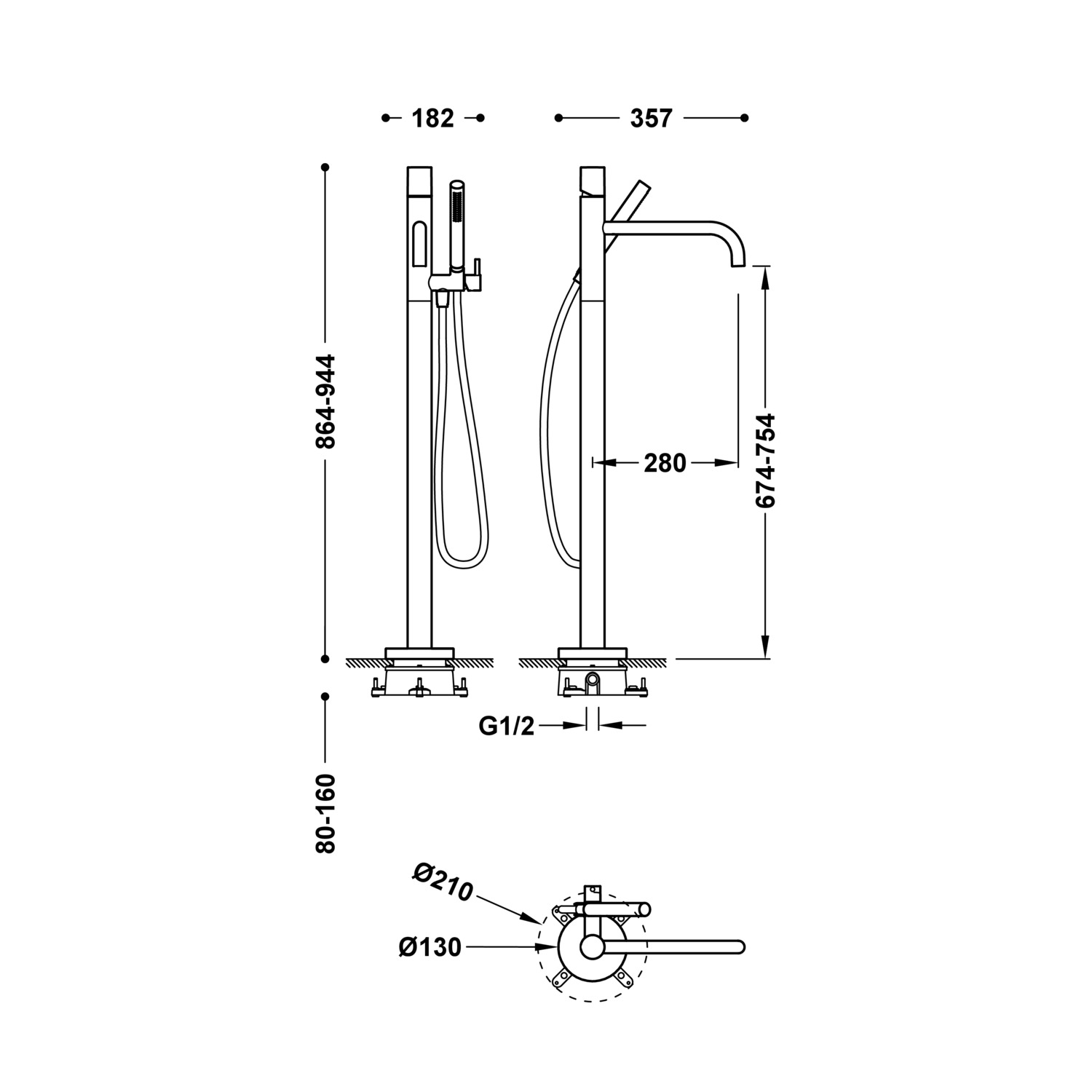 РАБОЧИЙ напольный смеситель с одной ручкой для ванны и душа-26247002BM TRES  - Вид №1