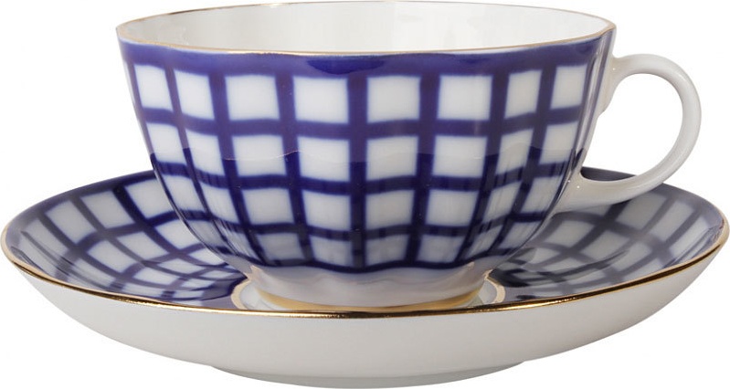 82184 Императорский фарфоровый завод Чашка чайная с блюдцем "Кобальтовая клетка" "Тюльпан" Фарфор твердый 