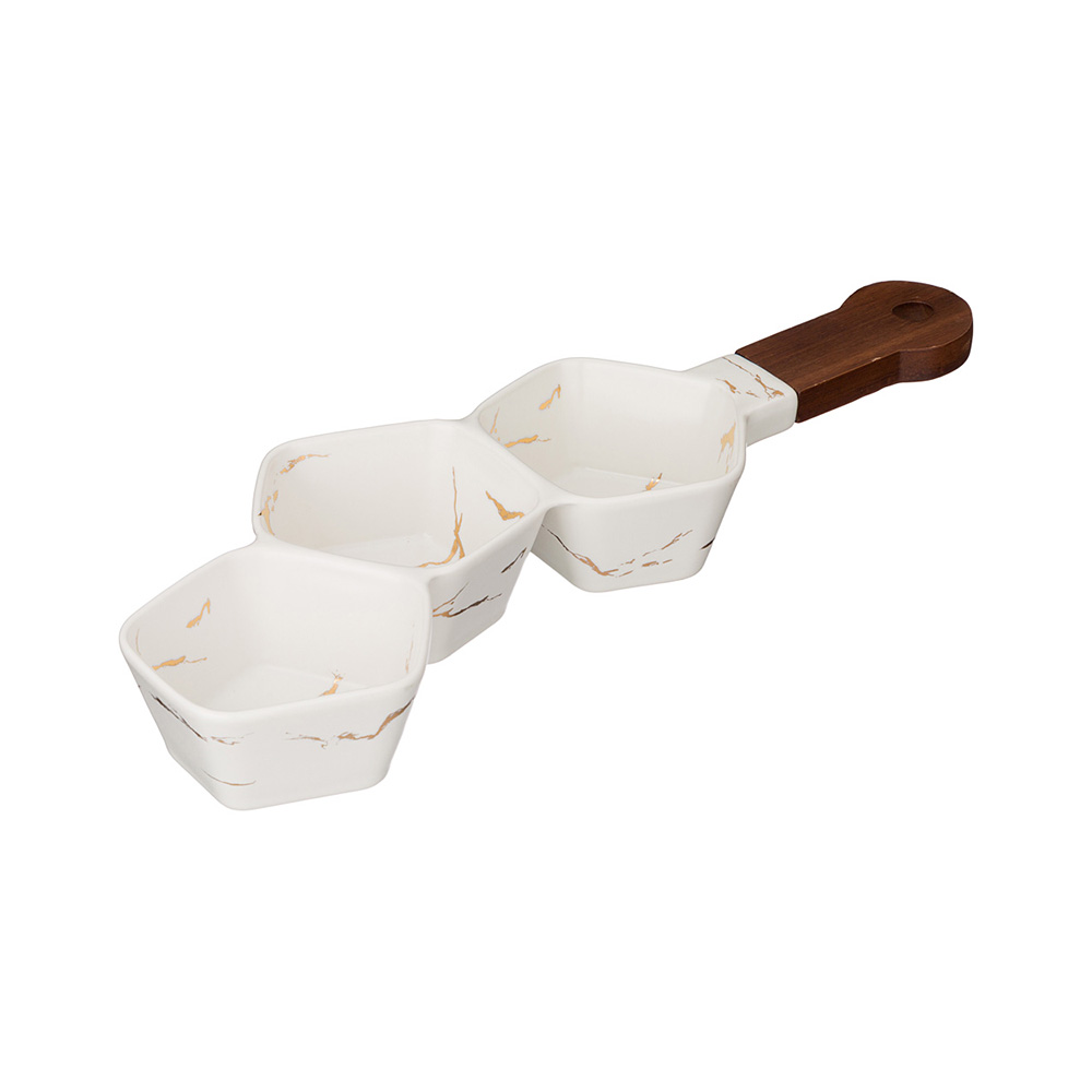 412-194 Посуда фарфоровая Менажница с деревянными ручками коллекция золотой мрамор Lefard 