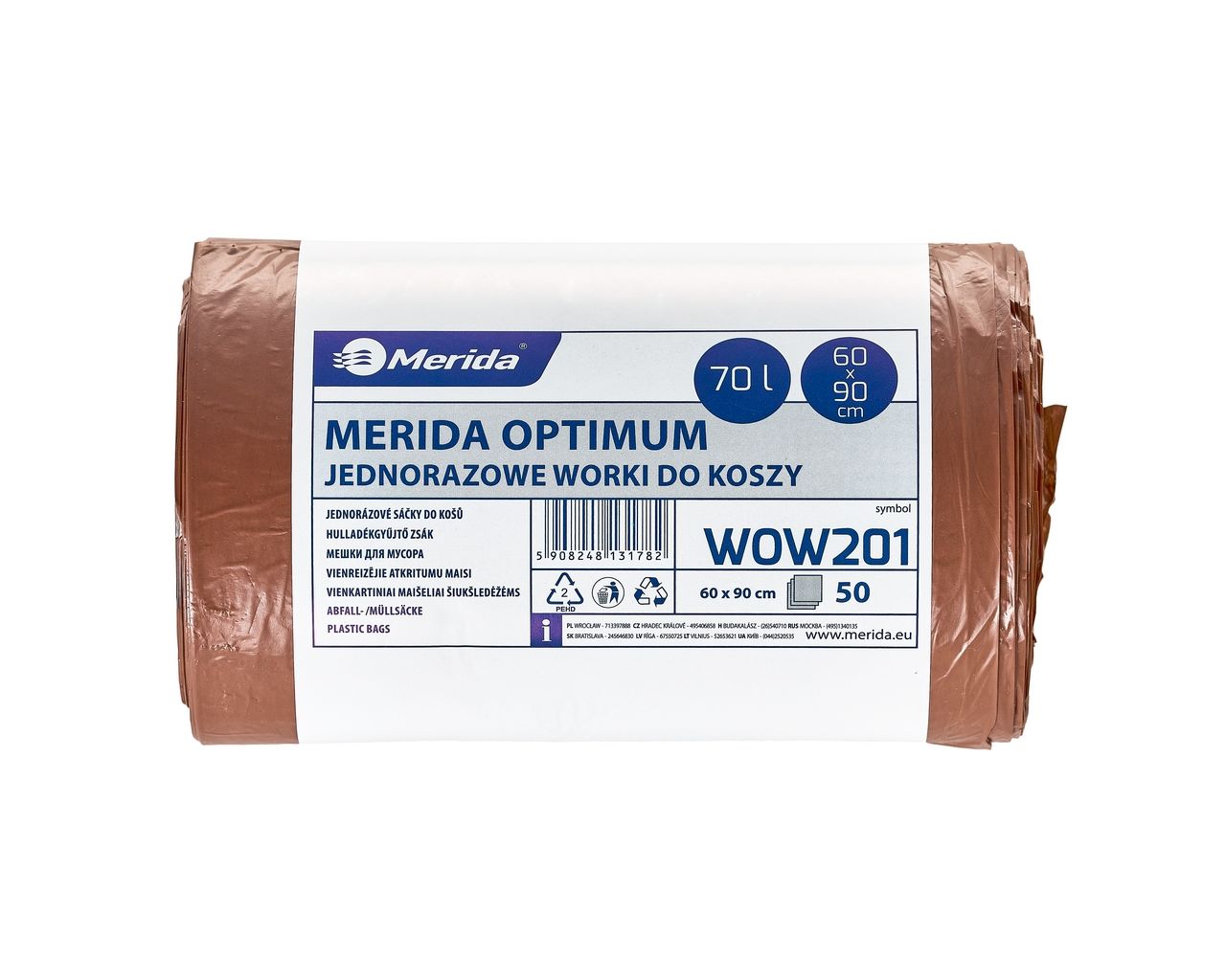 WOW201 Одноразовые мешки для мусора OPTIMUM, 60 x 90 см, вместимость 70 л, рулон 50, КОРИЧНЕВЫЙ, HDPE/LDPE Merida 