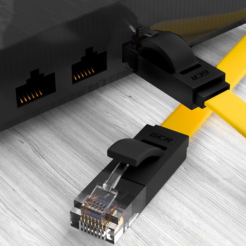 GCR-52098 Gcr патч-корд prof плоский прямой 10.0m, utp медь кат.6, желтый+черный, 30 awg, ethernet high speed 10 гбит/с, rj45, t568b, Greenconnect Santreyd  - Вид №1