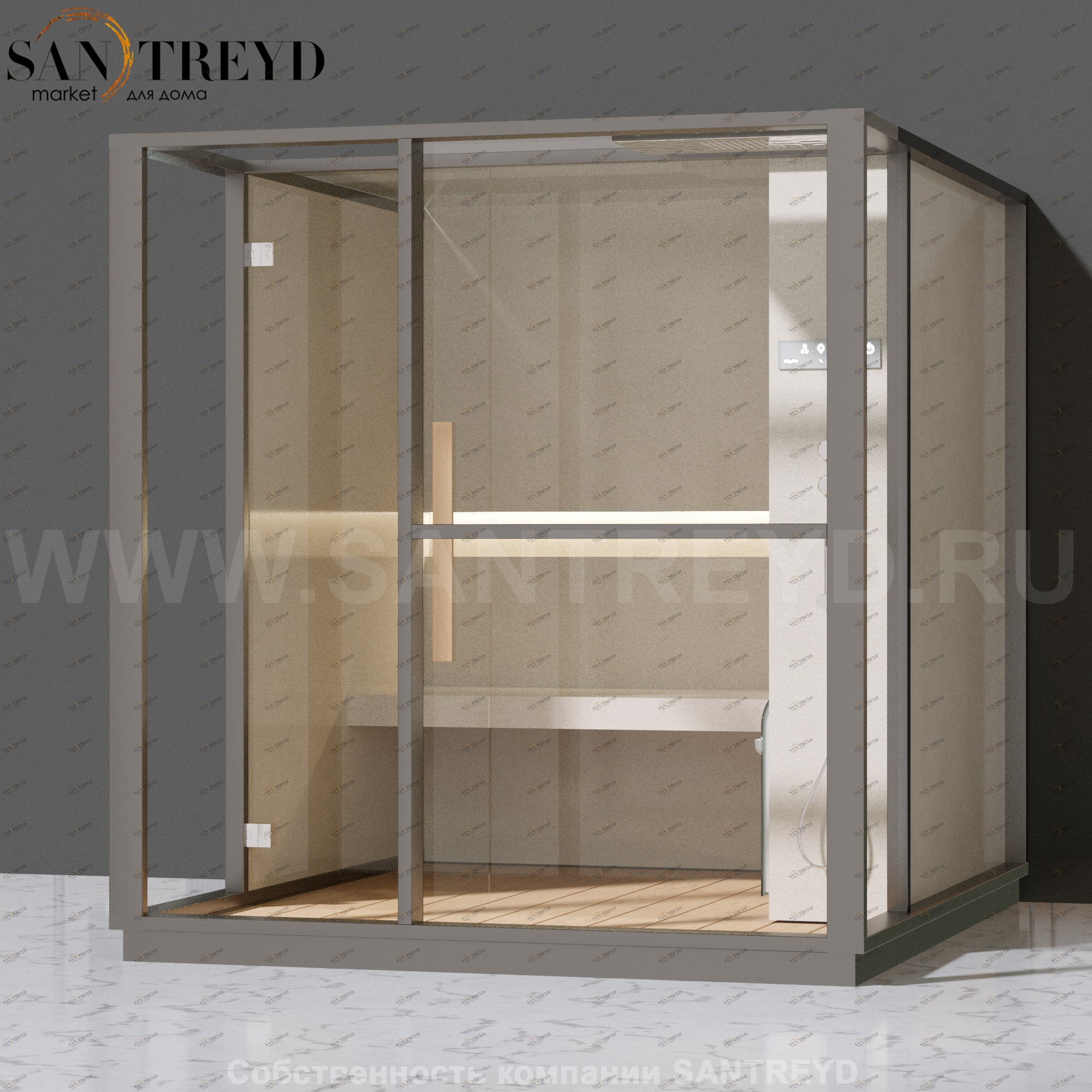 Effegibi LOGICA H LO30010001 Хаммам. Установка: к стене. Правая дверь. Мощность: 4,5 кВт макс. Размеры: длина 214 см, ширина 250 см. Отделка: матовый лакированный серый аллюминий и бежевый ламинат из керамогранита.