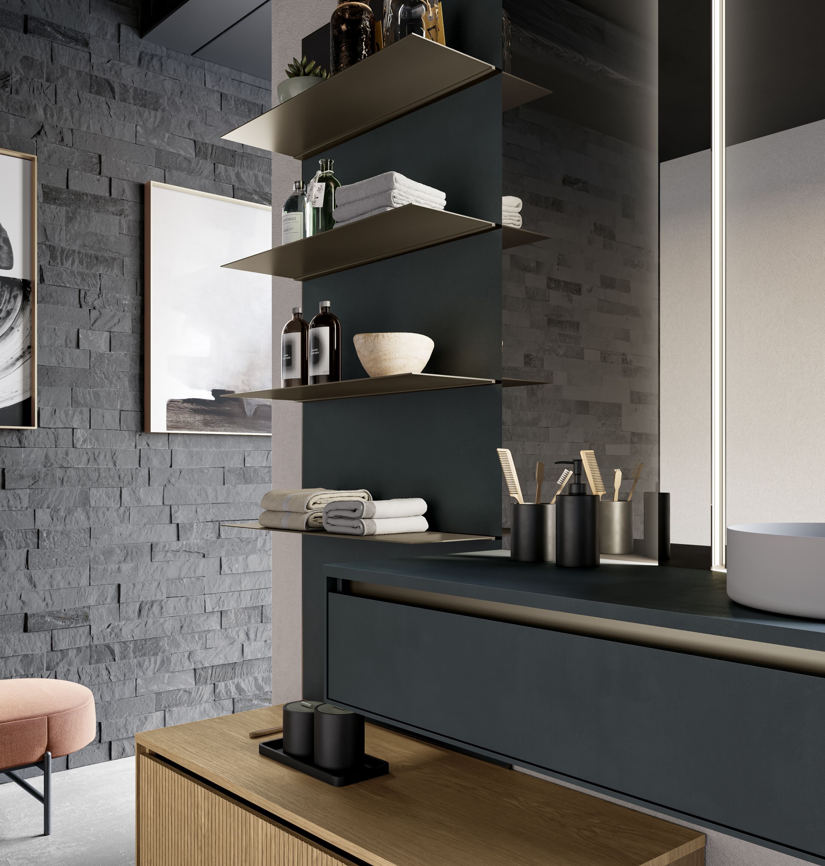 Одноместный подвесной туалетный столик из каннете с ящиками, зеркалом и полками Birex трек ARCH-00109103 - Вид №3