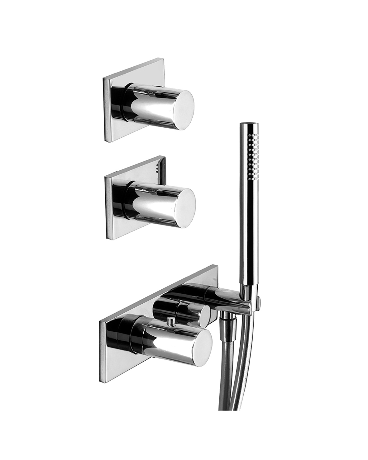 4713B+4713A  Термостатический встраиваемый смеситель для душа, 3/4''3 выпуска 3/4'' ручки ручная лейка SUN только для вертикальной установки шланговое подсоединение с держателем для ручной лейки гибкий шланг 150 см ПВХ впуски 3/4'' Звукоизолированные N.B Fantini Rubinetti 