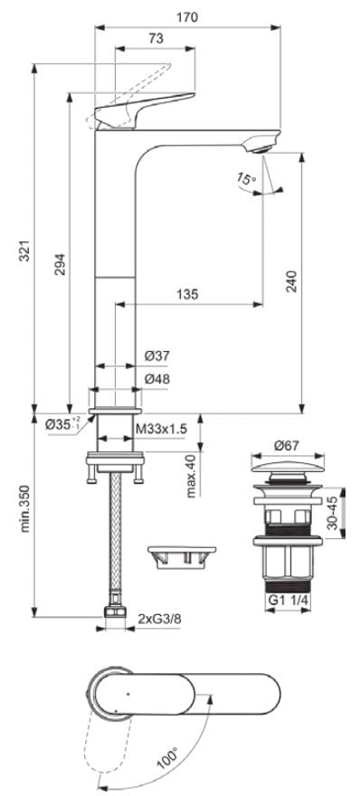Однорычажный смеситель для раковины с автоматическим сливом Ideal Standard Ceralife O ARCH-00083773 - Вид №4