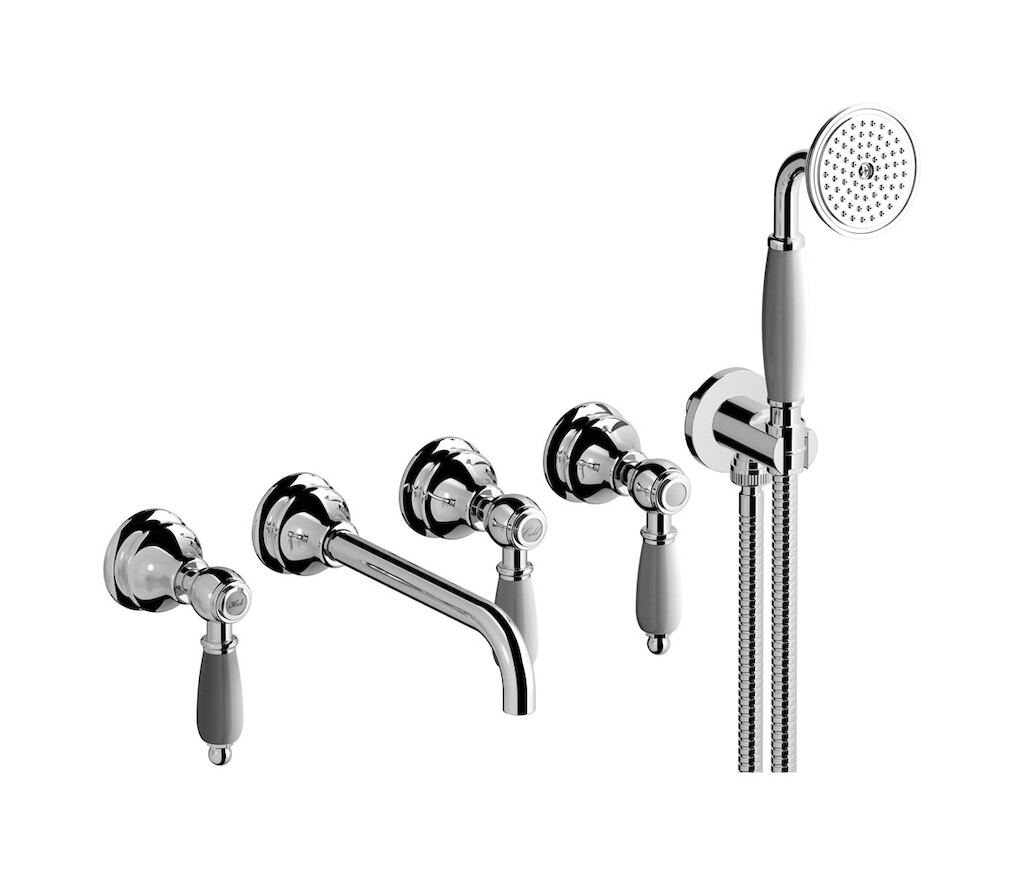 Настенный смеситель для ванной на 5 отверстий с дивертером и душевым гарнитуром. WE ARE IB hl398cc_2 Chrome Hermes