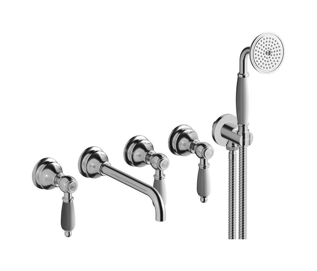 Настенный смеситель для ванной на 5 отверстий с дивертером и душевым гарнитуром. WE ARE IB hl398ss_2 Brushed Nickel Hermes