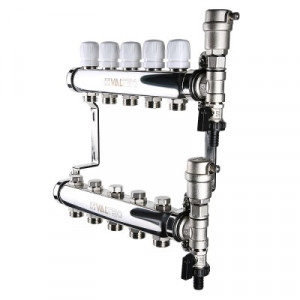 VTc.588.EMNX.0610 Коллекторный блок из нержавеющей стали с регулировочными и балансировочными клапанами Valtec 1", 10 x 3/4", "евроконус"