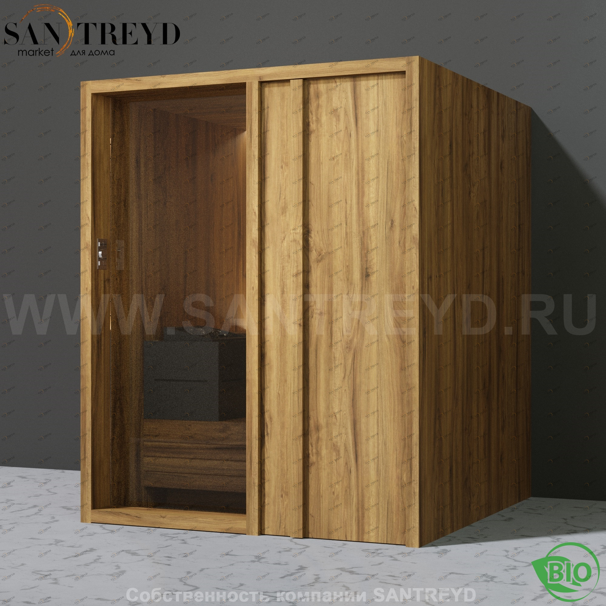 Effegibi YOKU.D60 BI.70200017 Био-сауна с правой дверью. Мощность: 6 кВт макс. Размеры: длина 174 см, ширина 170 см. Отделка: термообработанное дерево BI70200017