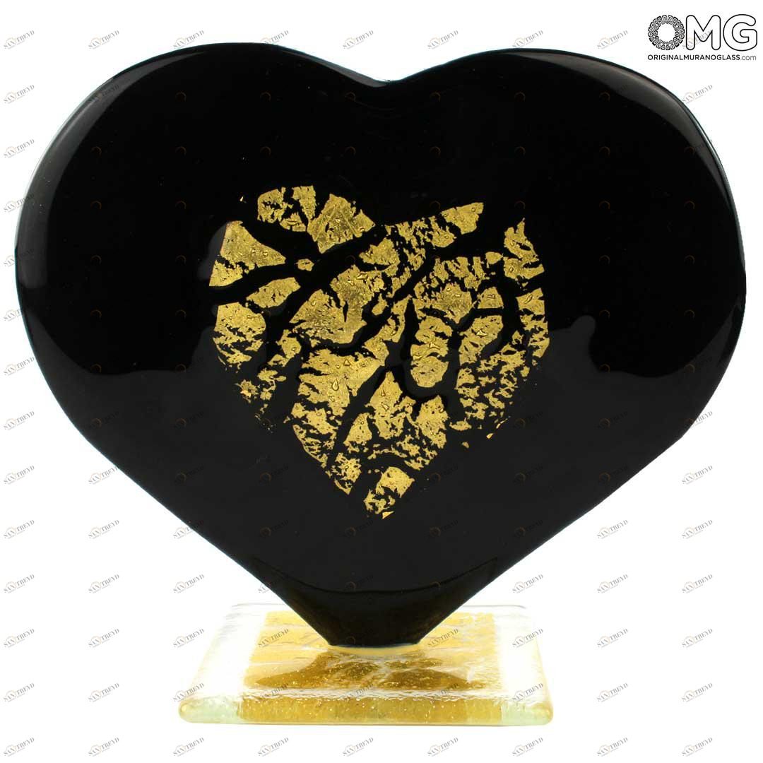 3786 ORIGINALMURANOGLASS Скульптура Любящее Сердце - чёрное муранское стекло и золото 24 кт - OMG 17 см 