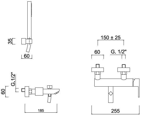 Rubinetteria Giulini Смеситель для ванны настенный с ручным душем на 2 отверстия Pablolux F9801-12 - Вид №1