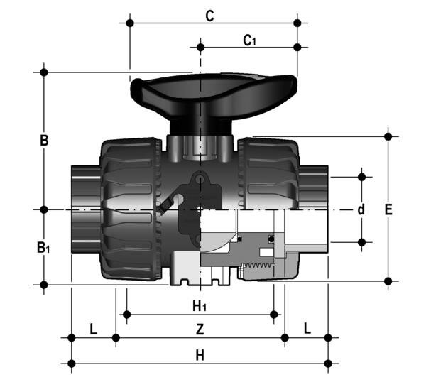 SANIT 121447000020 2-ходовой шаровой клапан D 16-63, ВКД DualBlock®, PVC-U, цапф  - Вид №1
