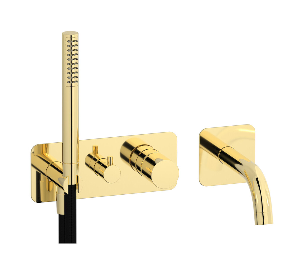 Настенный смеситель для ванной на с дивертером и душевым гарнитуром. WE ARE IB rr398ii Pale Gold Brera