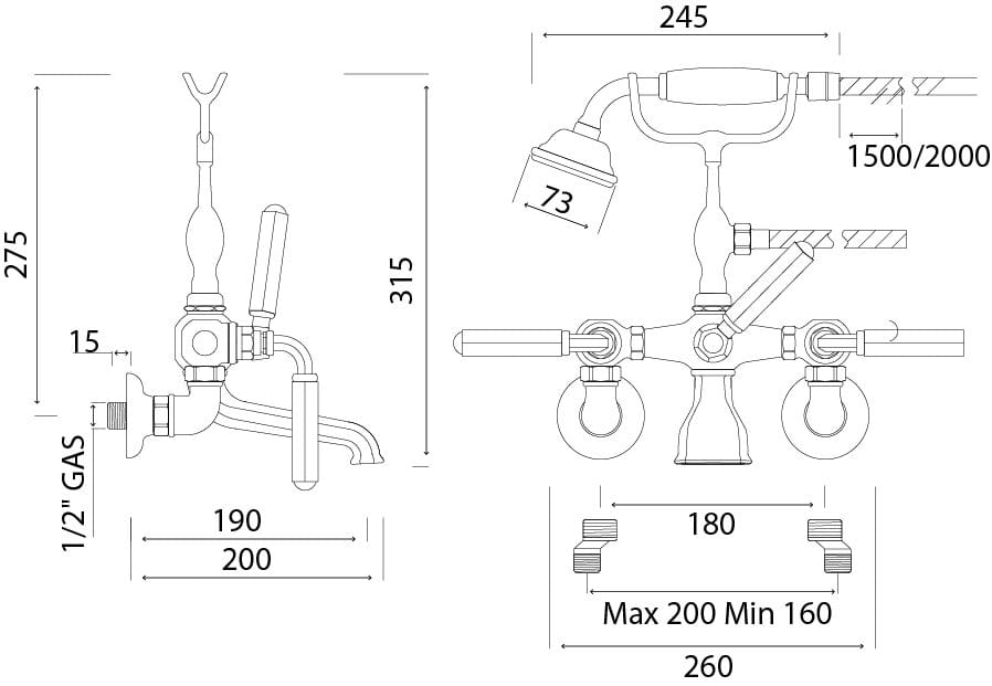 Настенный смеситель для ванны с 2 отверстиями и ручным душем Park Avenue Dark White ARCH-00070760 - Вид №2