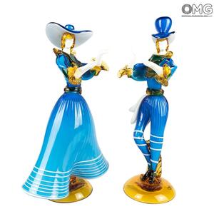 2843 ORIGINALMURANOGLASS Статуэтки Дамы и Кавалера - синие - Original Murano Glass OMG 11 см