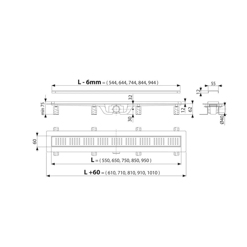 Трап для душа CPZ10-750 комбинированный затвор горизонтальный слив 60x750 мм Santreyd STLM-2150941 - Вид №1