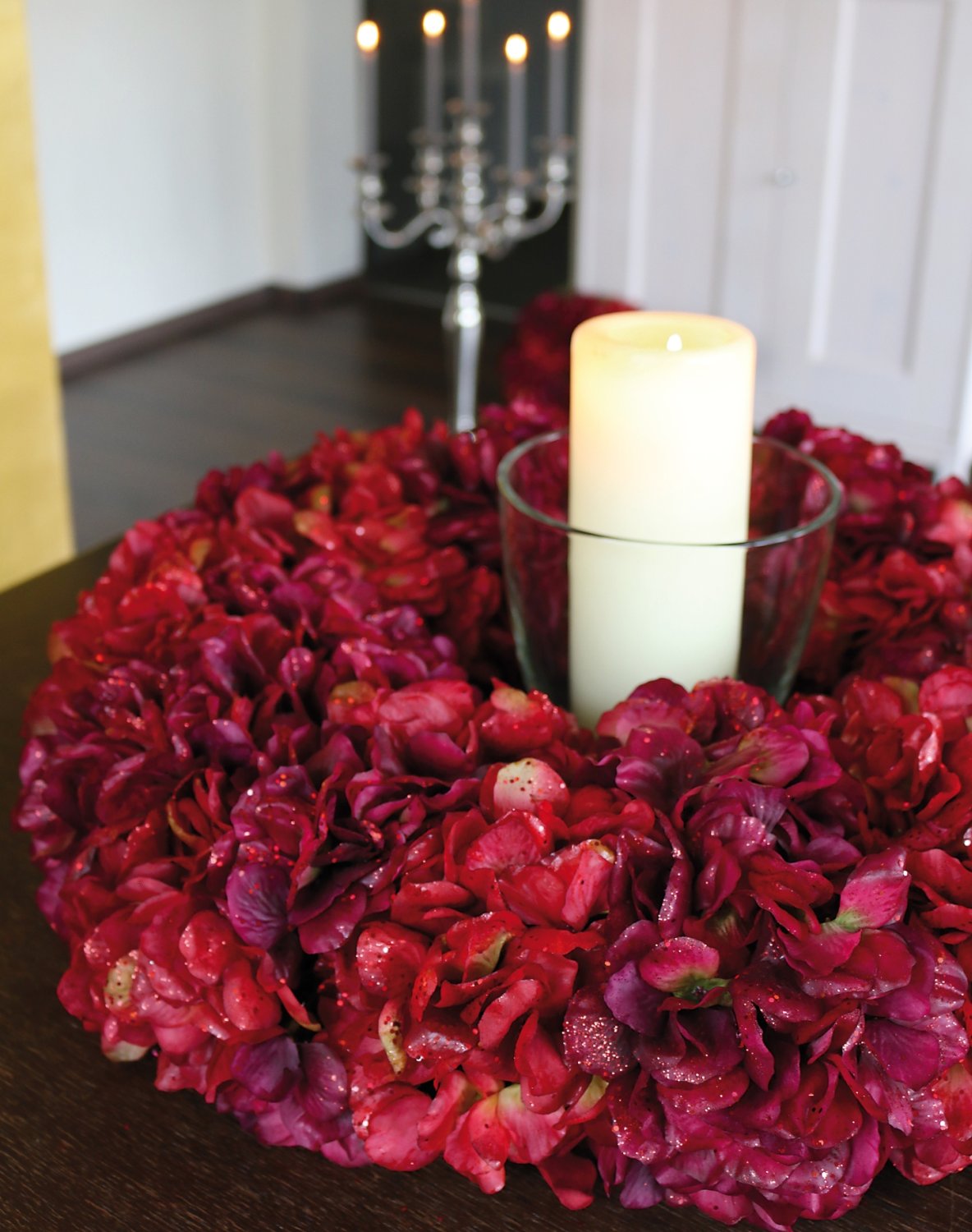 2010 432 a3 Искусственный венок из гортензии с глиттером, Ø 55 см, бордово-золотой H-andreas  - Вид №12