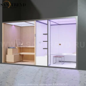 Effegibi BODYLOVE SH BL45150001 Боковая комбинированная баня: хаммам и сауна. Установка: в правый угол. Мощность: 15 кВт макс. Размеры: длина 393 см, ширина 176 см. Отделка: канадский хемлок без отделки.