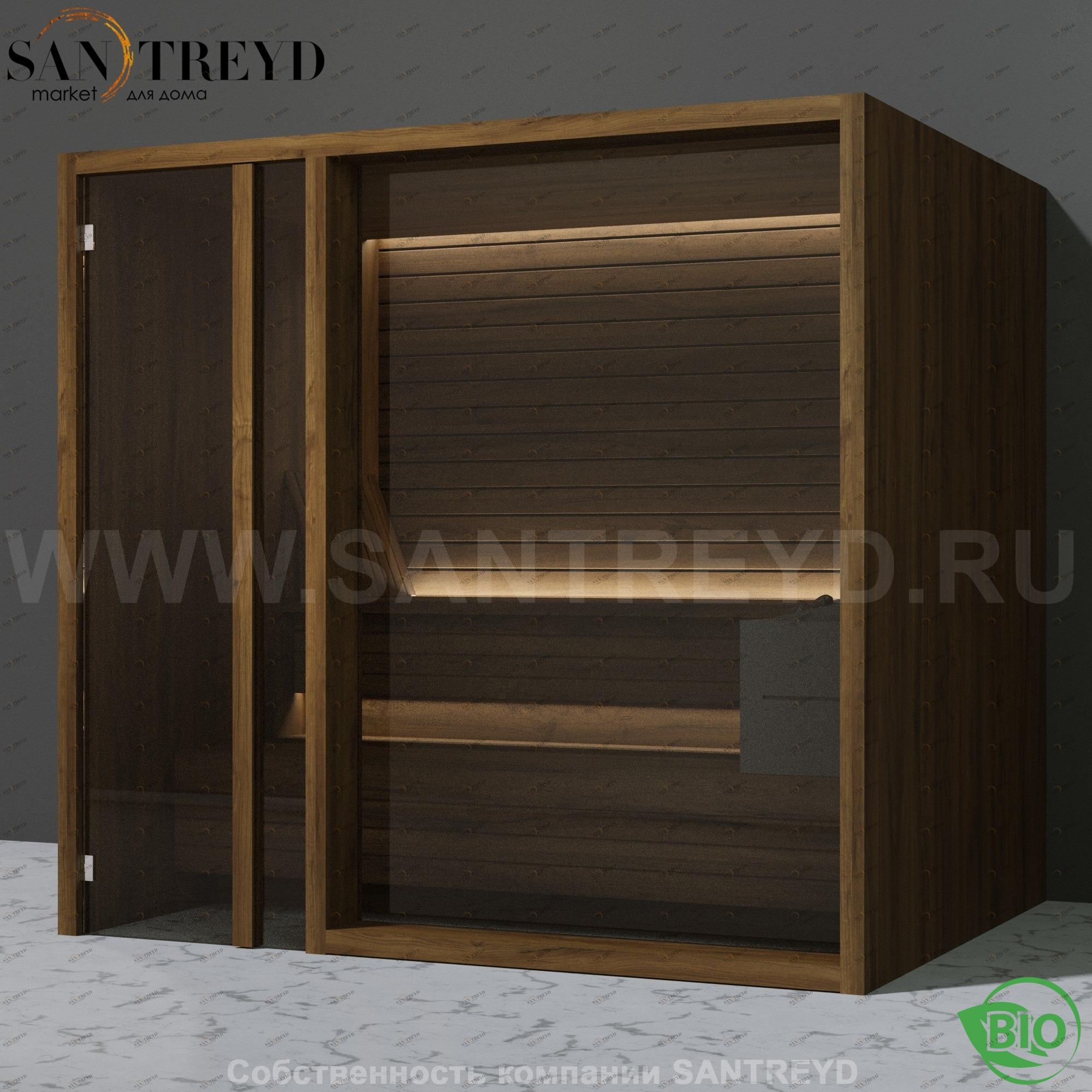 Effegibi YOKU.G105 BI.70300002 Био-сауна с левой дверью. Мощность: 12 кВт макс. Размеры: длина 230 см, ширина 200 см. Отделка: чёрный орех BI70300002