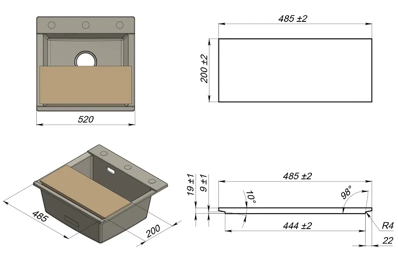 ES-5201, ШВАРЦ (чёрный металлик), кухонная мойка, кварц ESTETICA GRANULA 5201-ST168 - Вид №4