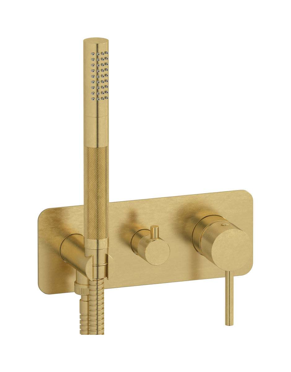 Внешние части встроенного в стену смесителя на 3 потребителя в комплекте с душевым гарнитуром. WE ARE IB id314on Natural Brass Industria