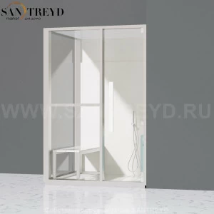 Effegibi H MEDIUM LO81020006 Комбинированная баня: хаммам и душ. Установка: в правый угол. Левая дверь. Мощность: 3 кВт макс. Размеры: длина 152 см, ширина 102 см. Отделка: матовый лакированный белый аллюминий и серый ламинат из керамогранита.