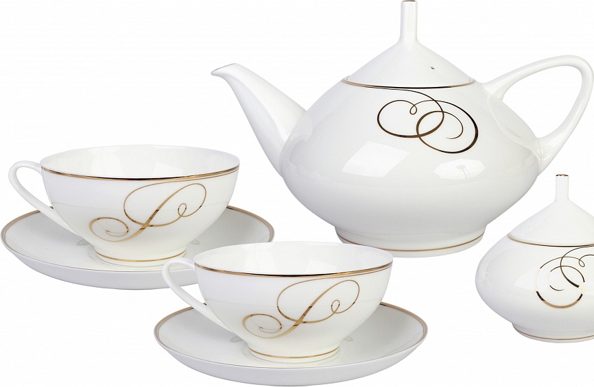 10536271 Императорский фарфоровый завод Сервиз чайный 6/14 "Золотые завитки" "Купольная" Фарфор костяной 