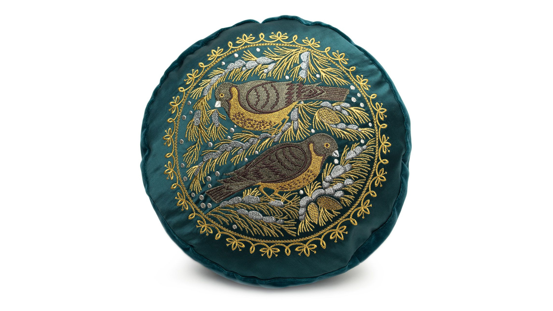 10659215 Торжокские золотошвеи Подушка диванная "Птицы на сосне" бархат+шелк Рис. 2374 атлас морск волна Атлас  - Вид №1