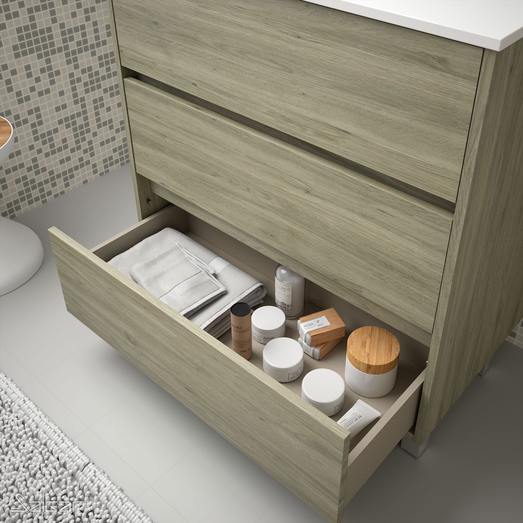 85135 SALGAR Комплект мебели для ванной ARENYS 1000 ETERNITY OAK + Раковина + Зеркало + Свет Робл Вечность - Вид №1