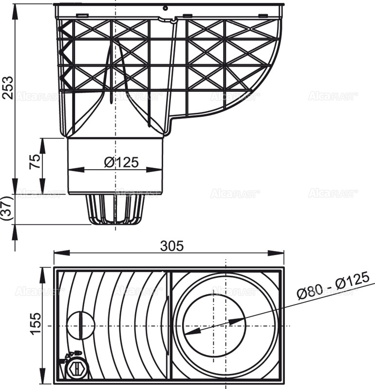 Ливнеотвод 300×155/125 мм, сток – прямой, серый ALCAPLAST AGV2S - Вид №1