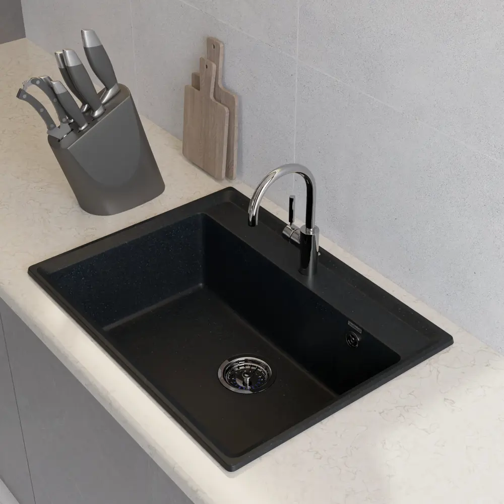 Granfest Level - врезная кухонная мойка из мраморной крошки черного цвета 89404388 STLM-1571400