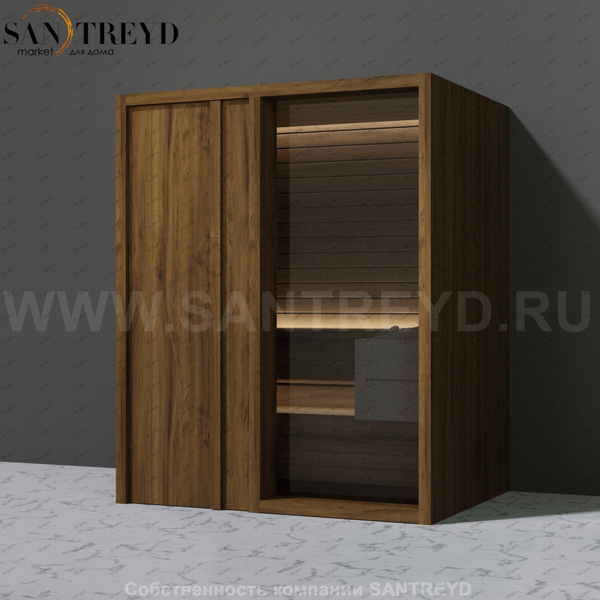 Effegibi YOKU.D45 SA.70200020 Сауна с левой дверью. Мощность: 4,5 кВт макс. Размеры: длина 174 см, ширина 132 см. Отделка: чёрный орех SA70200020