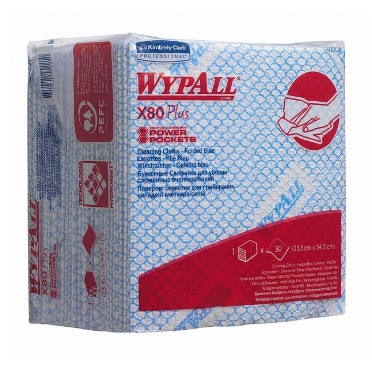 19139 Kimberly Clark Протирочные салфетки листовые Kimberly-Clark WypAll X80 Plus 19139 1-слойный 8 пачек по 30 листов, синий 