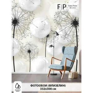 91744742 Фотообои флизелиновые Foto print Черные одуванчики и объемные шары 332x300 см 20-183-А-3.32-3 STLM-0825599