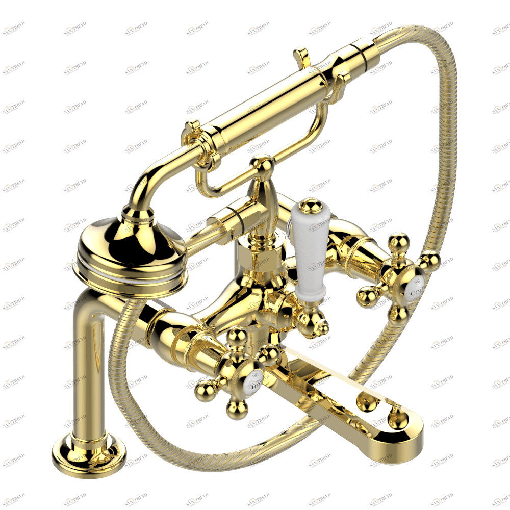 G29-13G Смеситель для ванны/душа устанавливаемый на борту на два отверстия с душем и шлангом - 150 мм между центрами Thg-paris Charleston Покрытие PVD золотистый цвет G29 13G CAT.F