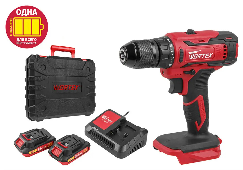 91687848 Дрель-шуруповерт аккумуляторная Wortex BD 1820-1 Li ALL1 ЦД-0835392952, 18 В Li-Ion 2x2 Ач STLM-0849450