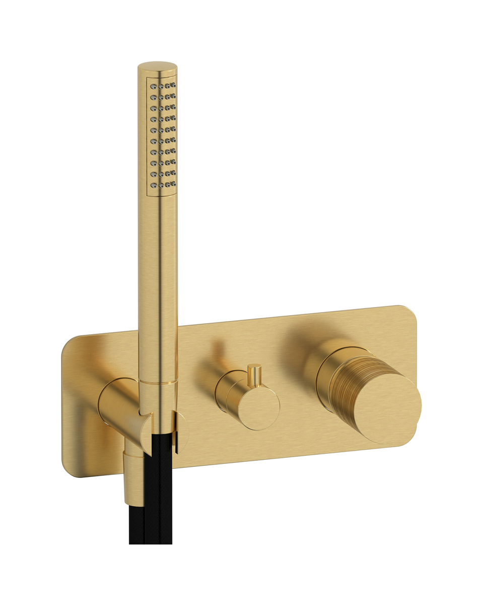 Внешние части встроенного в стену смесителя на 3 потребителя в комплекте с душевым гарнитуром. WE ARE IB vn299cf Brushed Gold Vinile