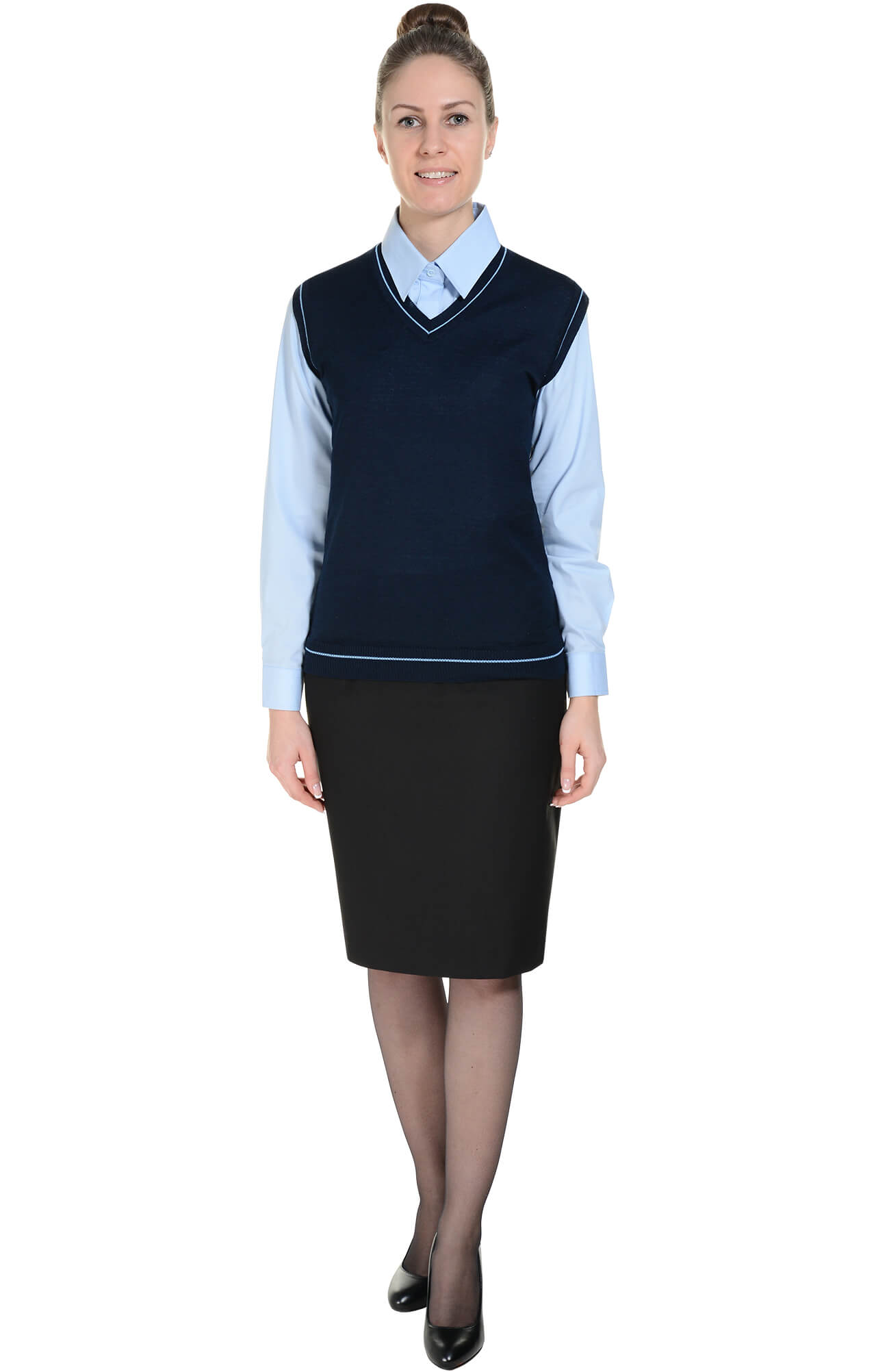 62524 Жилет трикотажный женский темно-синий с голубым  Одежда для официантов  размер 44-46 Спецодежда  - Вид №1