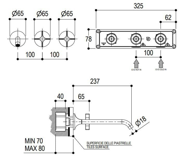Настенный смеситель для раковины с 3 отверстиями Ritmonio Diametro35 Cross ARCH-00054791 - Вид №2