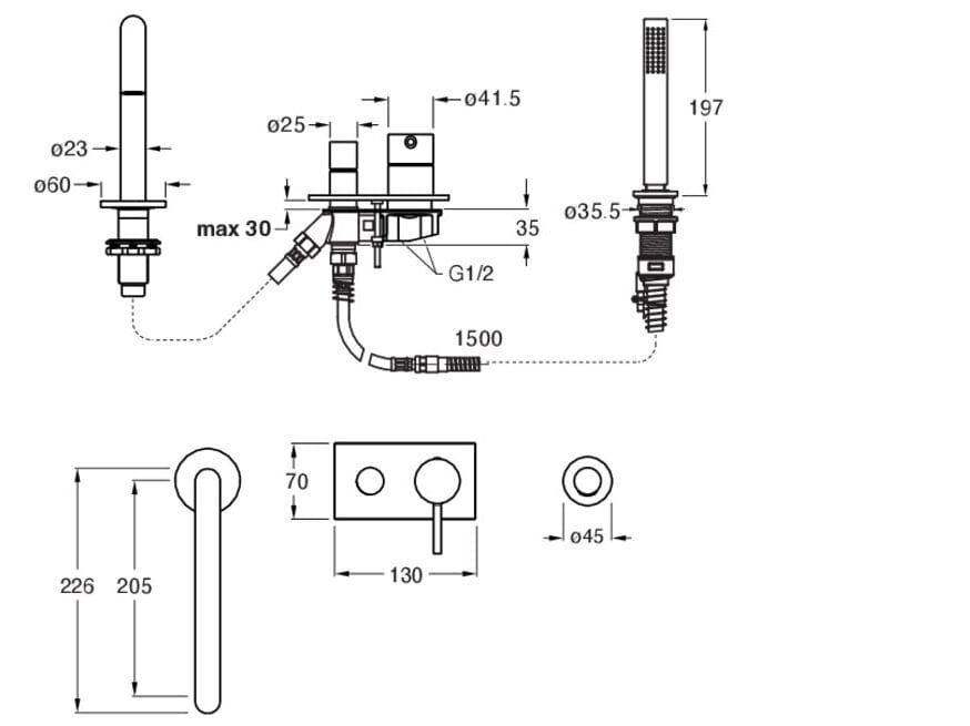 Однорычажный смеситель для ванны с 4 отверстиями и ручным душем CRISTINA Rubinetterie Phi ARCH-00141024 - Вид №2