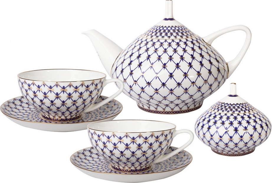 10535609 Императорский фарфоровый завод Сервиз чайный 6/14 "Кобальтовая сетка" "Купольная" Фарфор костяной 