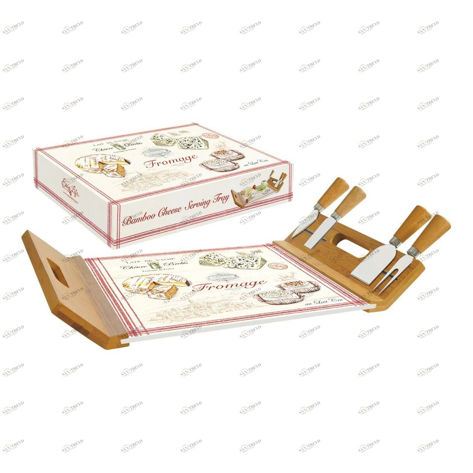 Поднос-доска для сыра из бамбука и стекла с 4 ножами Fromage EASY LIFE FROMAGE 00-3946613 Белый;коричневый 