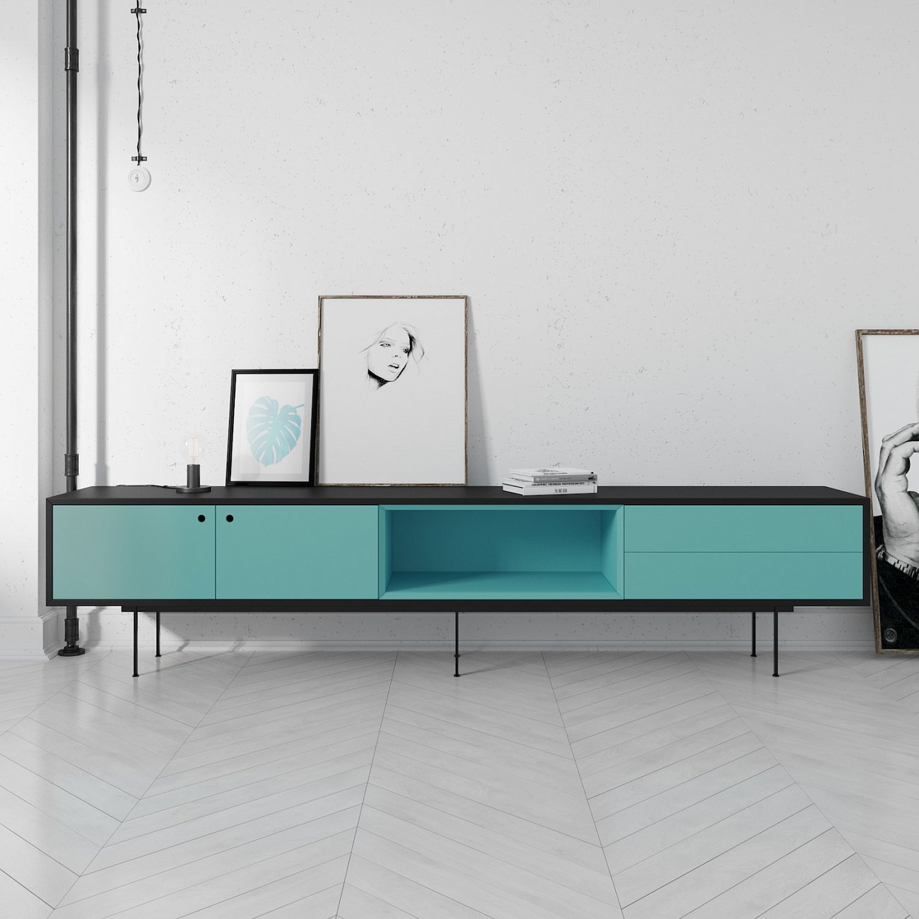 Тумба под телевизор с двумя ящиками 53х230 см черная с бирюзовым Ultra BRAGIN DESIGN TUBE 00-3862374 Голубой;черный - Вид №1