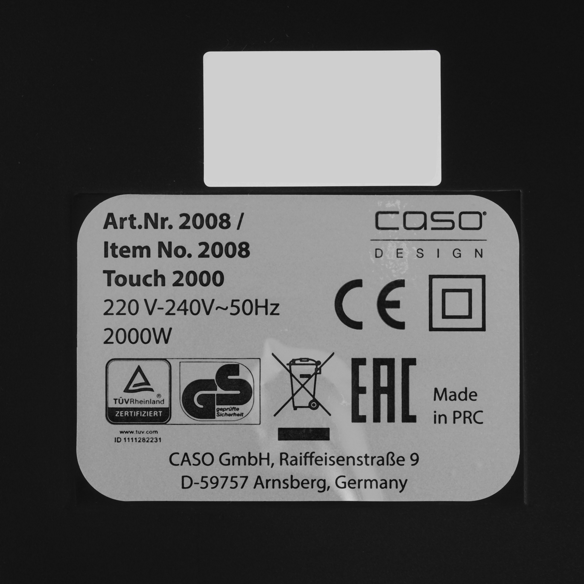 9912261 Плита компактная электрическая CASO Touch 2000 черный STDN-0078651 - Вид №3