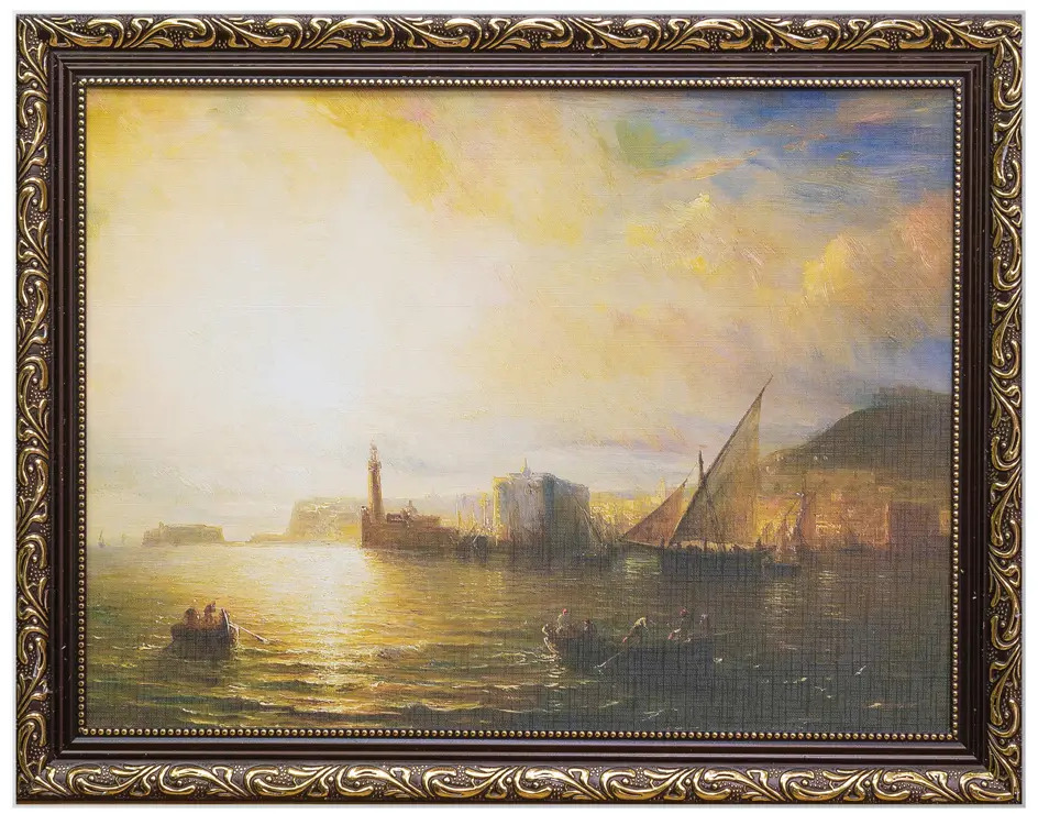 90400713 Картина в раме "Морской вид с портом и маяком", Теодор Гюден. 30x40 см STLM-0215010