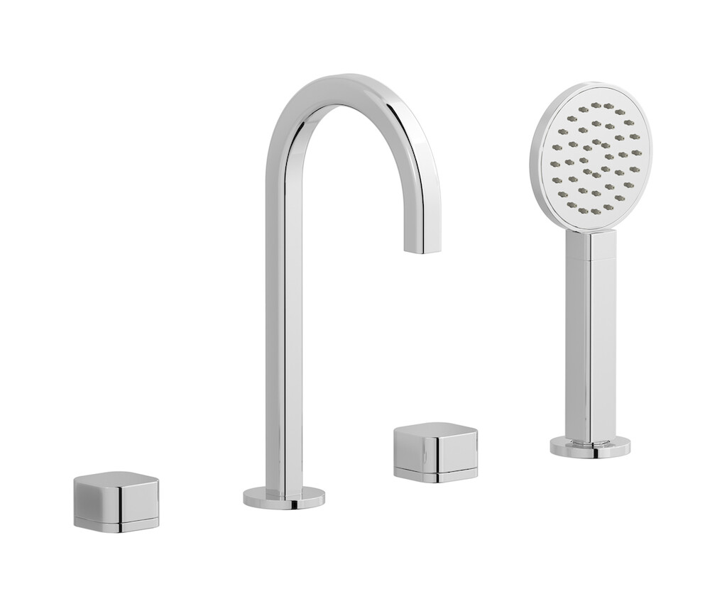 Смеситель на бортик ванной на 4 отверстий с дивертером и душевым гарнитуром. WE ARE IB eo396cc_1 Chrome Elio