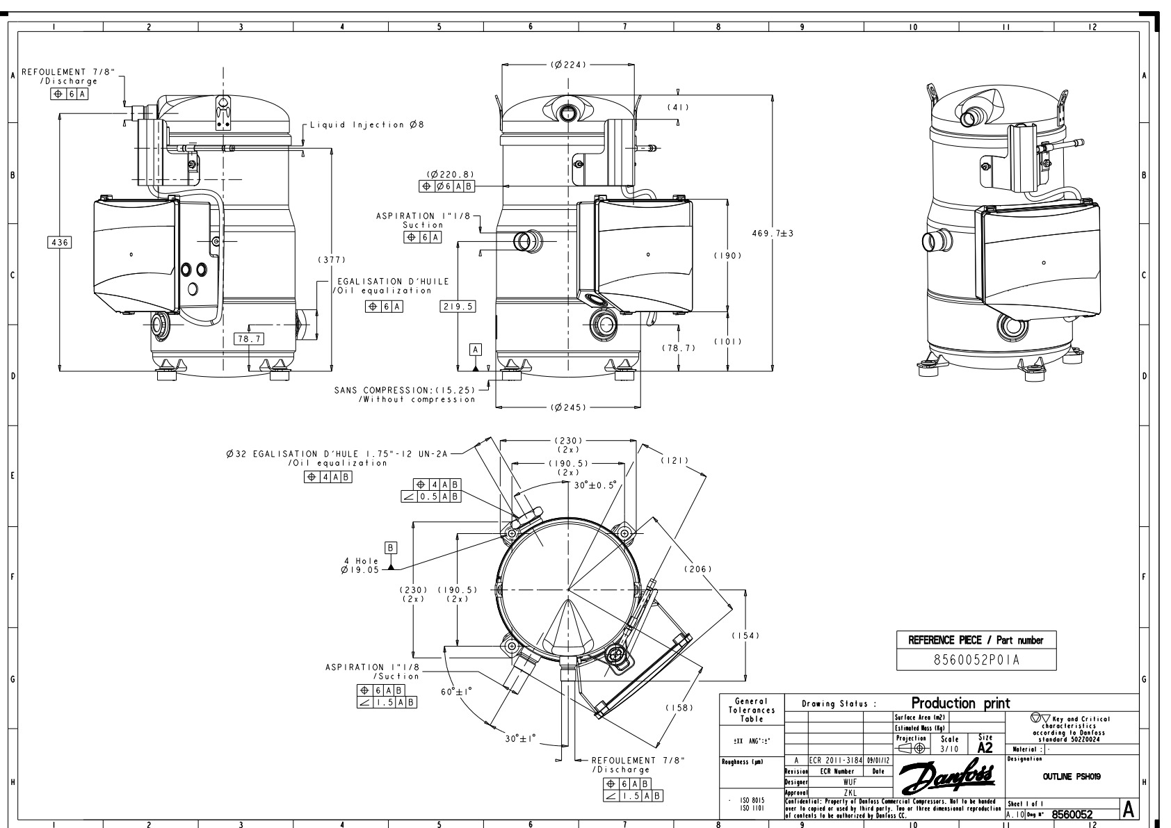 Danfoss PSH — Герметичные спиральные компрессоры, R410A PSH034A4CLD Спиральный компрессор 120H0939  - Вид №4