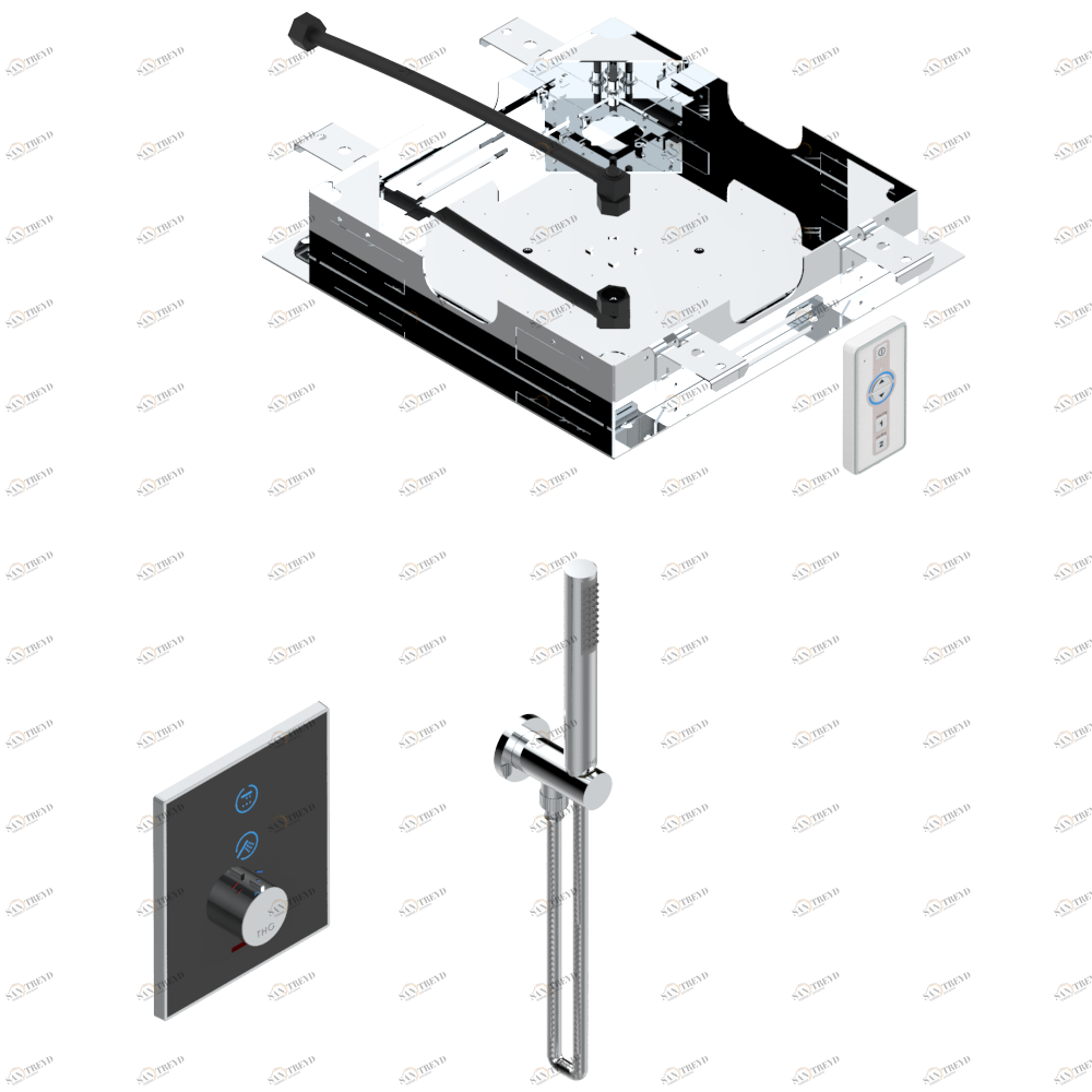 D14-6725N Комплект для душа Electrobox (включающий верхний душ из нержавеющей стали с хромотерапией 380 х 380 мм, ручной душ и смеситель с черной панелью, встраиваемый корпус и трансформатор) Thg-paris Electrobox Хром D14 6725N  A02 CAT.A