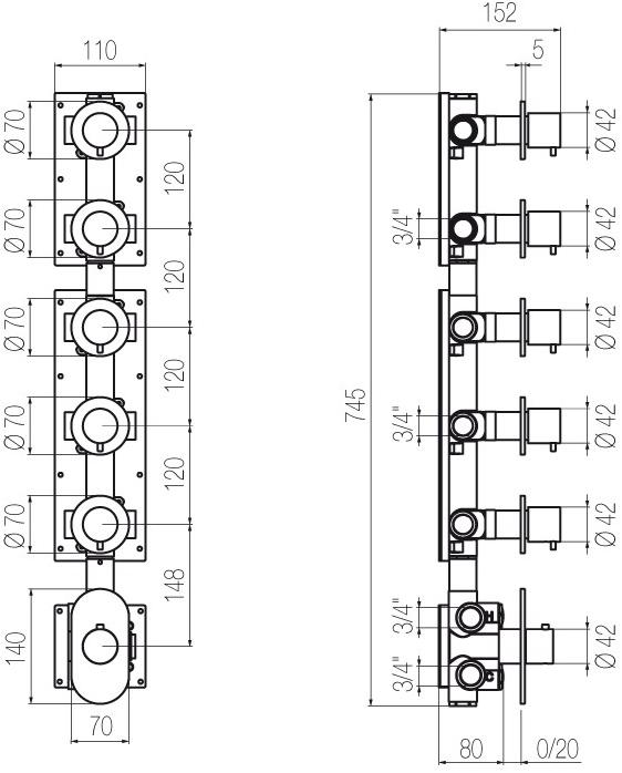 Radomonte Настенный термостатический смеситель с 5-ходовым коллектором Hiro Hir58 - Вид №1