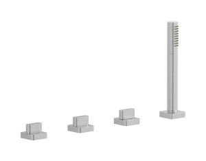Смеситель на бортик ванной на 4 отверстия с изливом, дивертером и душевым гарнитуром. WE ARE IB sb328np_22 Brushed Nickel Superbox